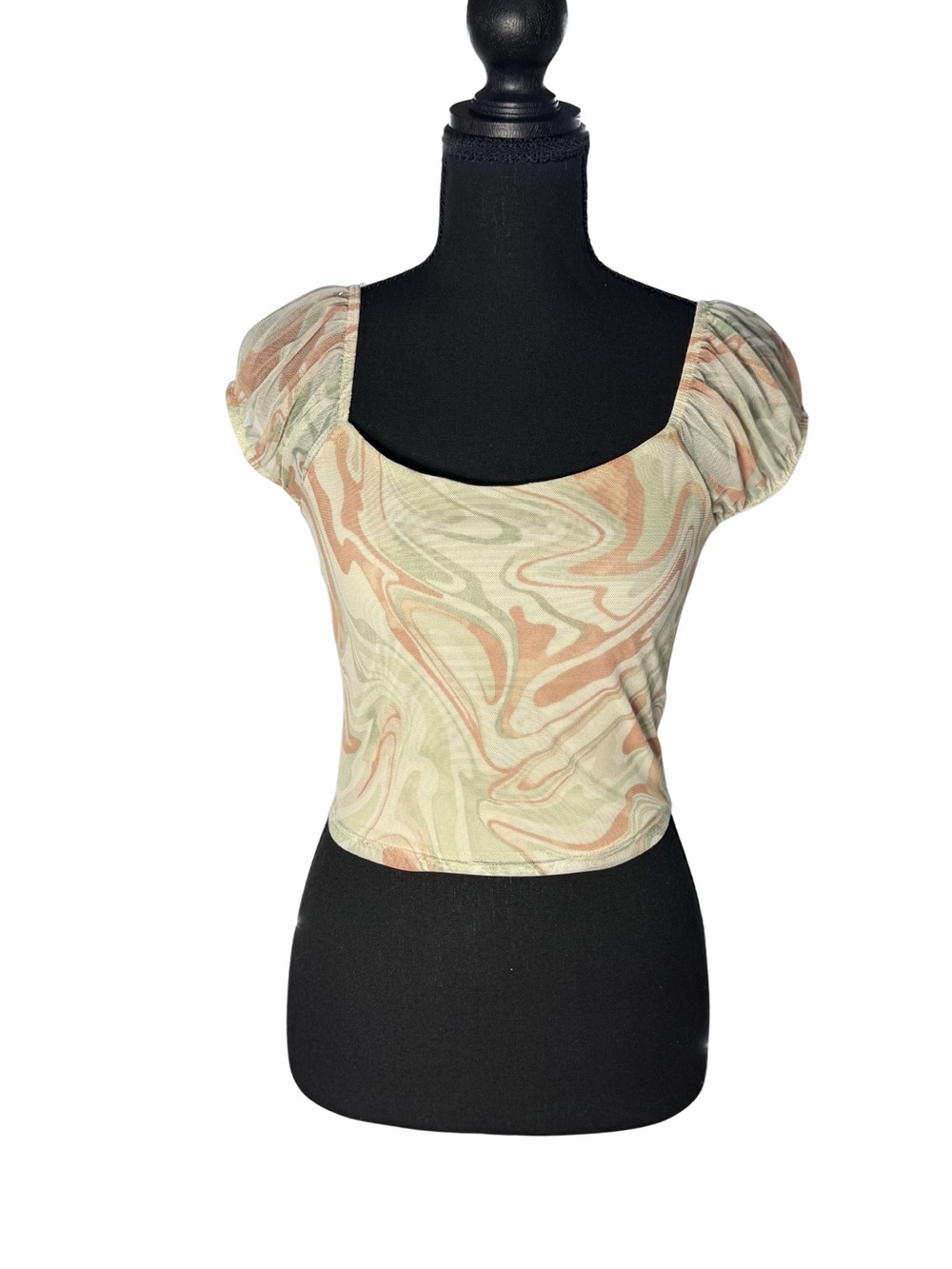 7Day Weekend Mesh Crop Top Pastels Swirl Marble Print womens size small NEW